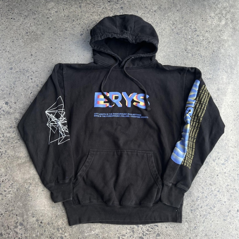 MSFTSrep ERYS Hoodie Mens Medium Black Graphic Pullover Sweatshirt Streetwear
